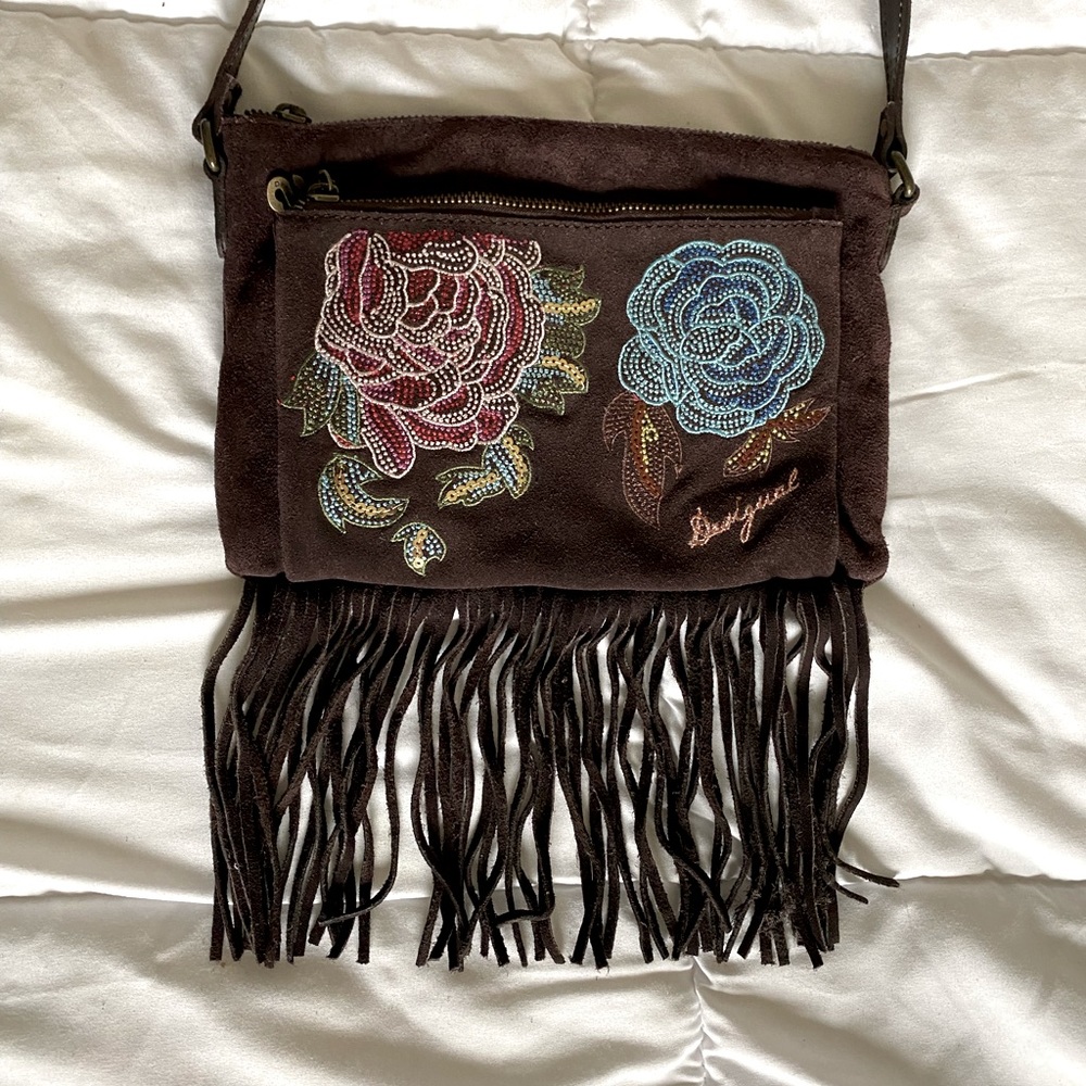 Desigual y2k chocolate brown suede embroidered purse 👜